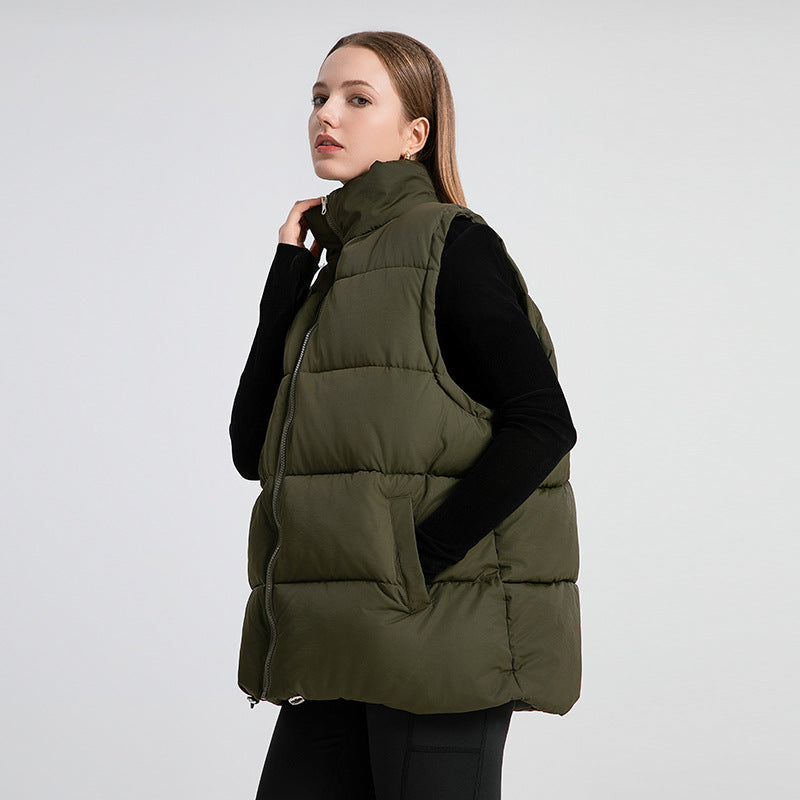 Women's Sleeveless Mid-length Stand-up Collar Thermal Down Cotton Thickened Vest - cas7m