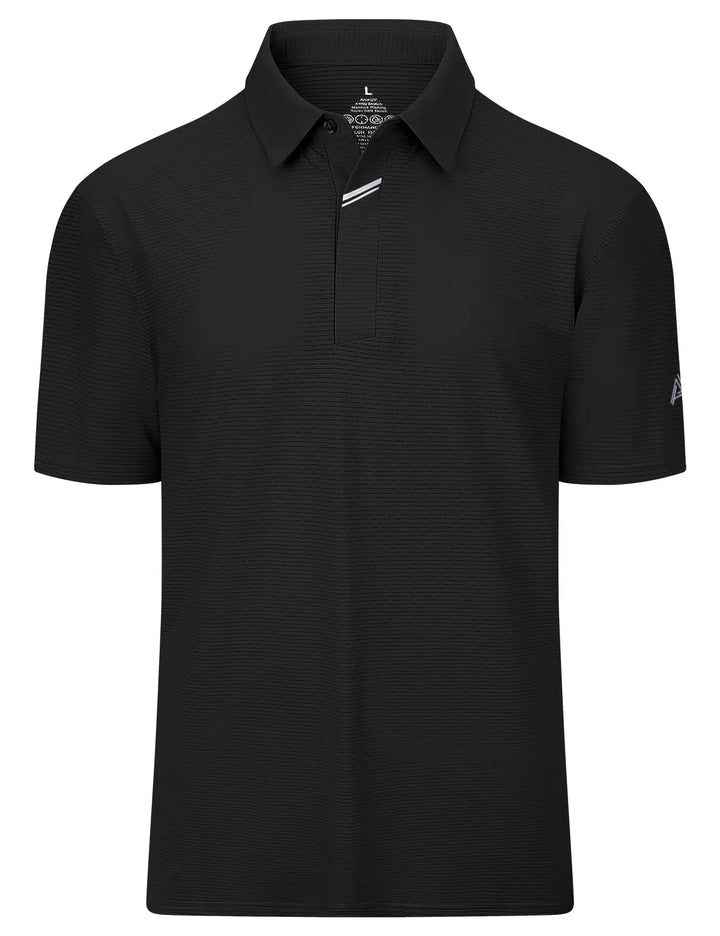 A black short-sleeve polo shirt with a textured, pinstriped fabric, featuring a two-button placket with a small white accent stripe on the right side of the placket.