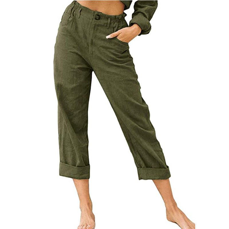 Patchwork Pant Women's Cotton Linen Pants Drawstring Back Elastic Waist Pants Loose Casual Trousers - cas7m