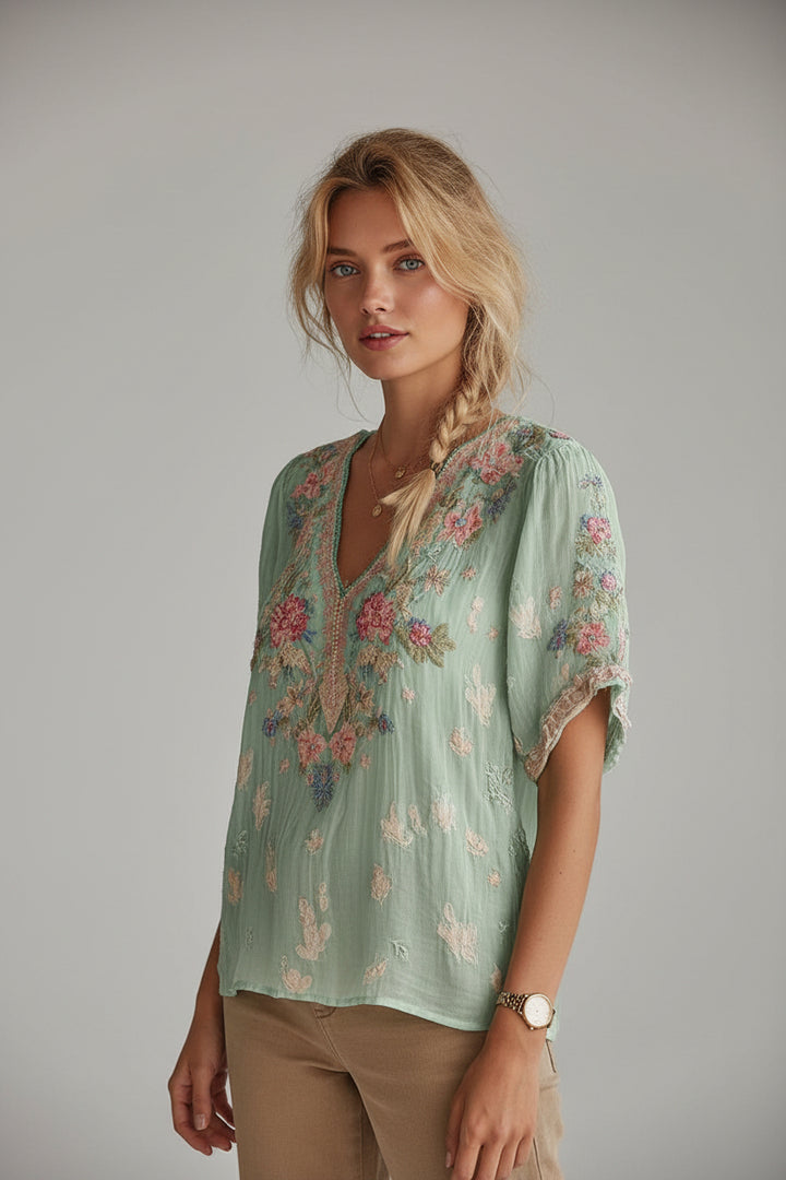 V-neck Elegant Artistic And Retro-style Short-sleeve Top For Women - cas7m