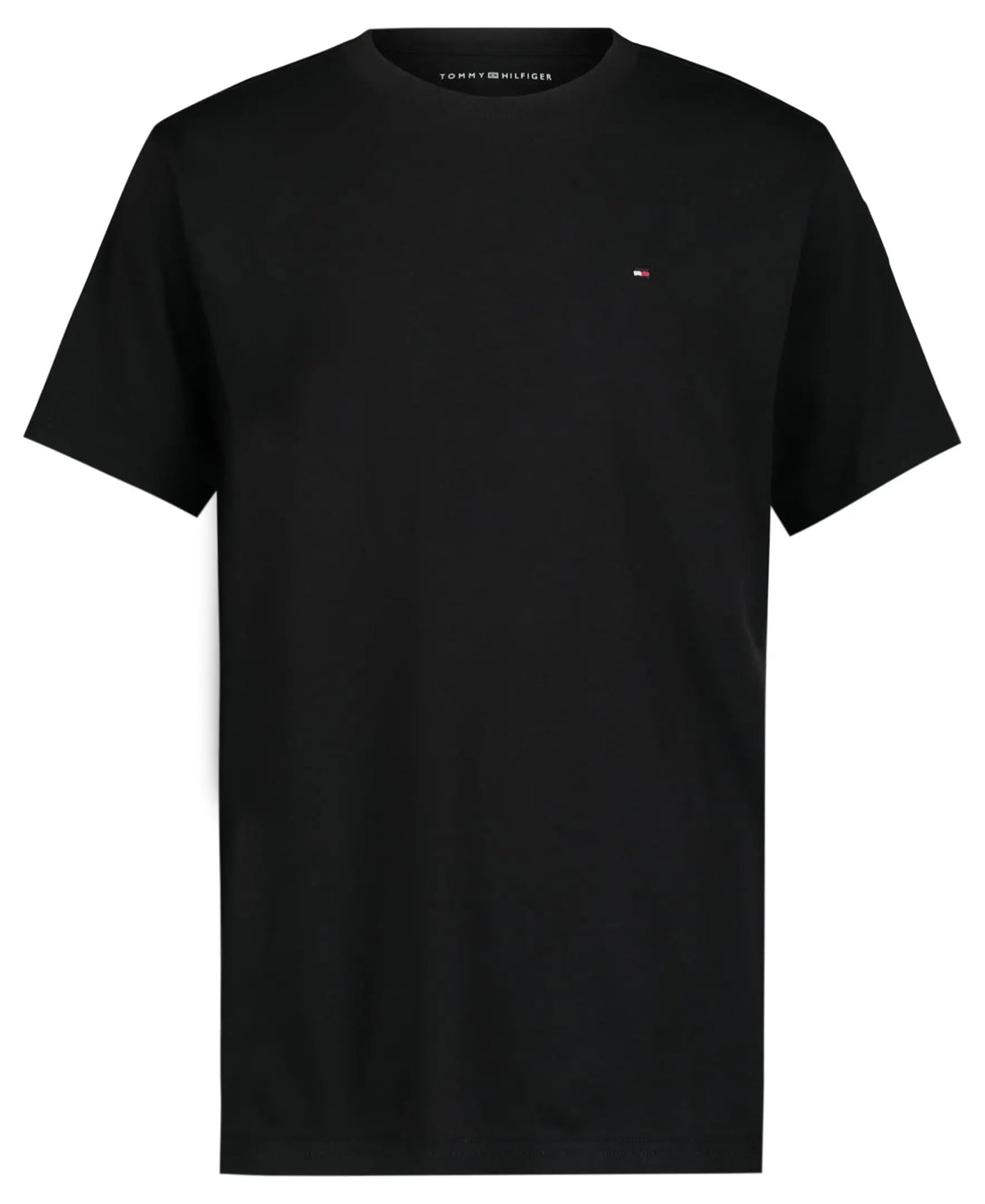 A black short-sleeve crewneck t-shirt by Tommy Hilfiger, featuring the brand's signature small flag logo embroidered on the left chest, displayed against a solid white background.