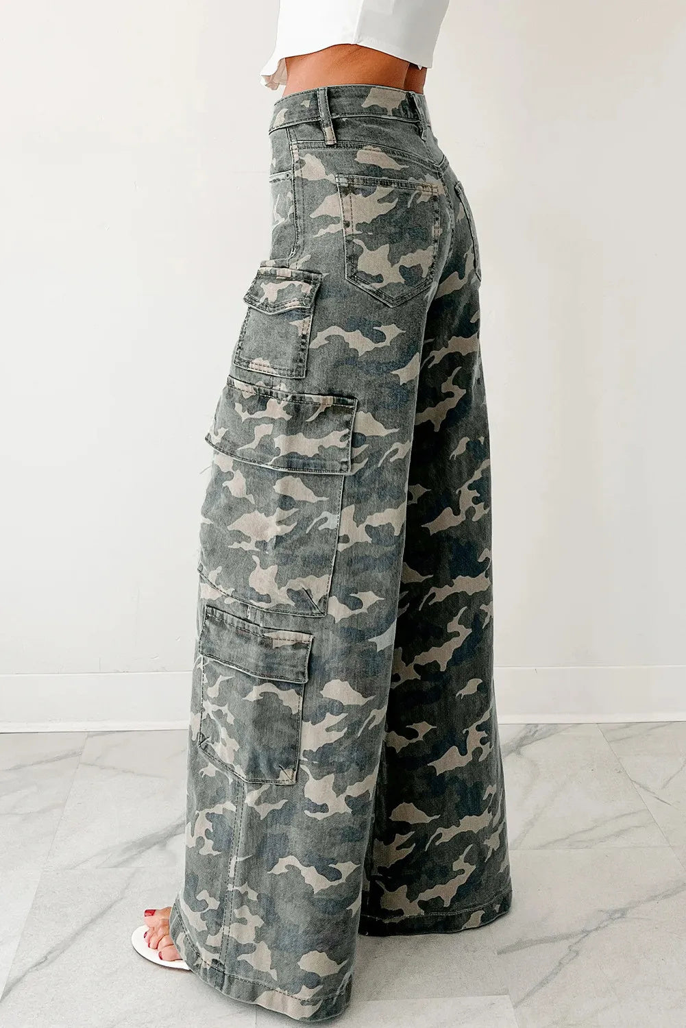 Green Camo Denim Cargo Wide Leg Pants - cas7m