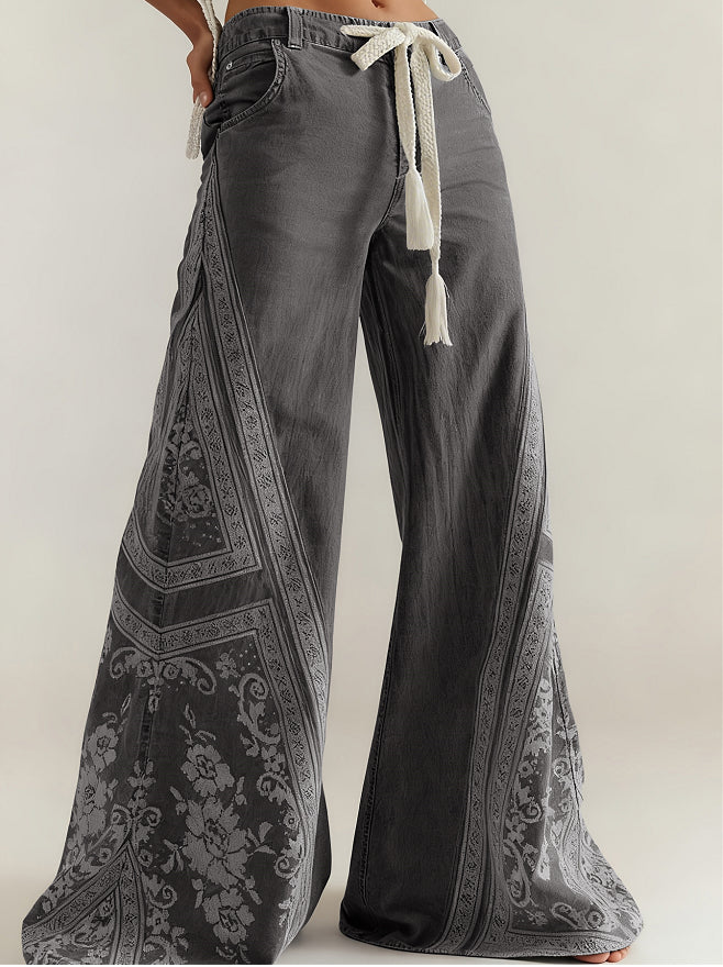 Women's Retro Patchwork Wide-Leg Pants, High-Waisted Drape Flared Pants, Ethnic Style Tie Casual Pants - cas7m