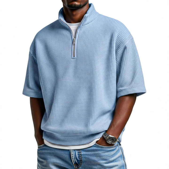 Waffle-knit Short-sleeve Polo Shirt For Men Loose-fitting Half-zip T-shirt - cas7m