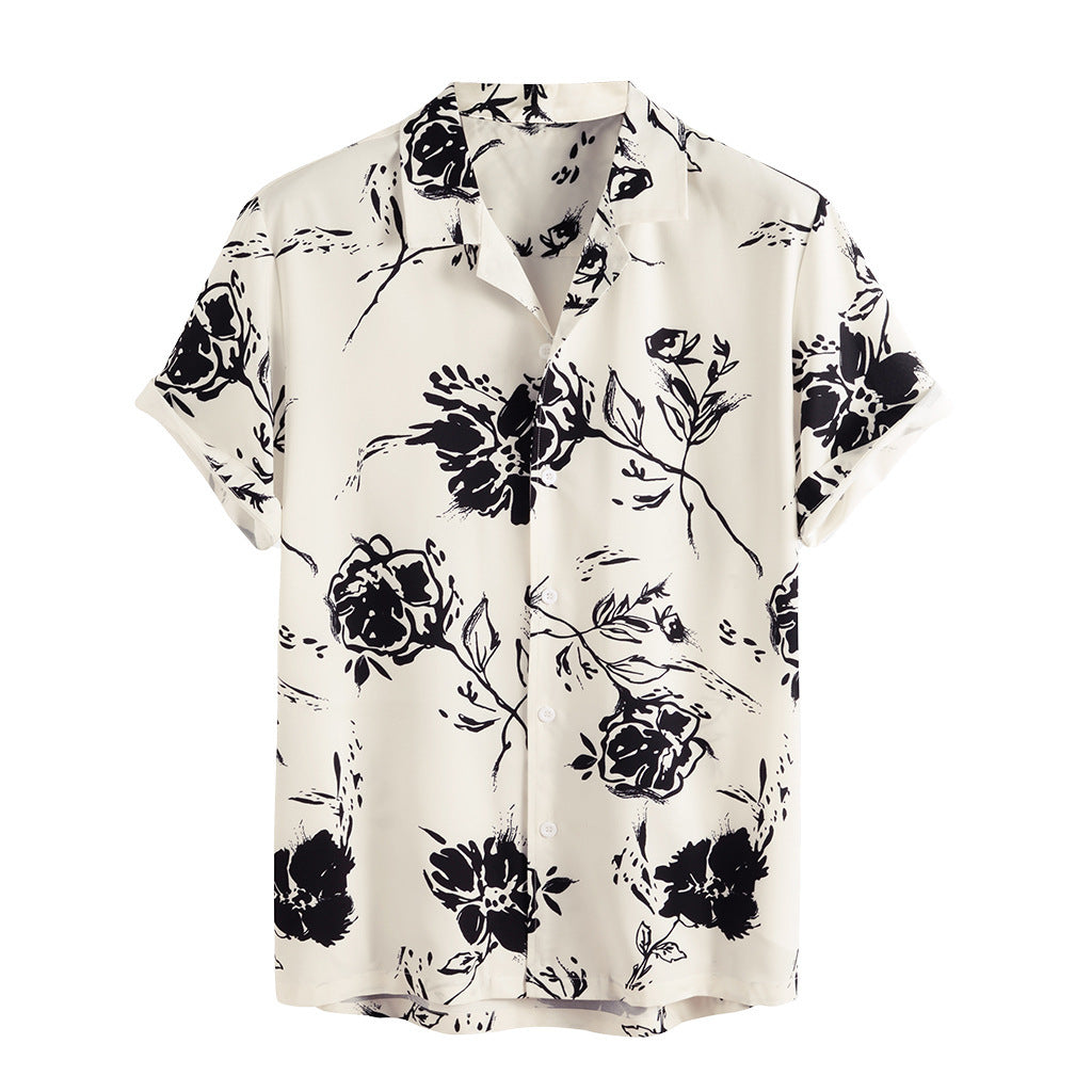 Men's Floral Short Sleeve Lapel Shirt - Cotton Polyester Blend - cas7m