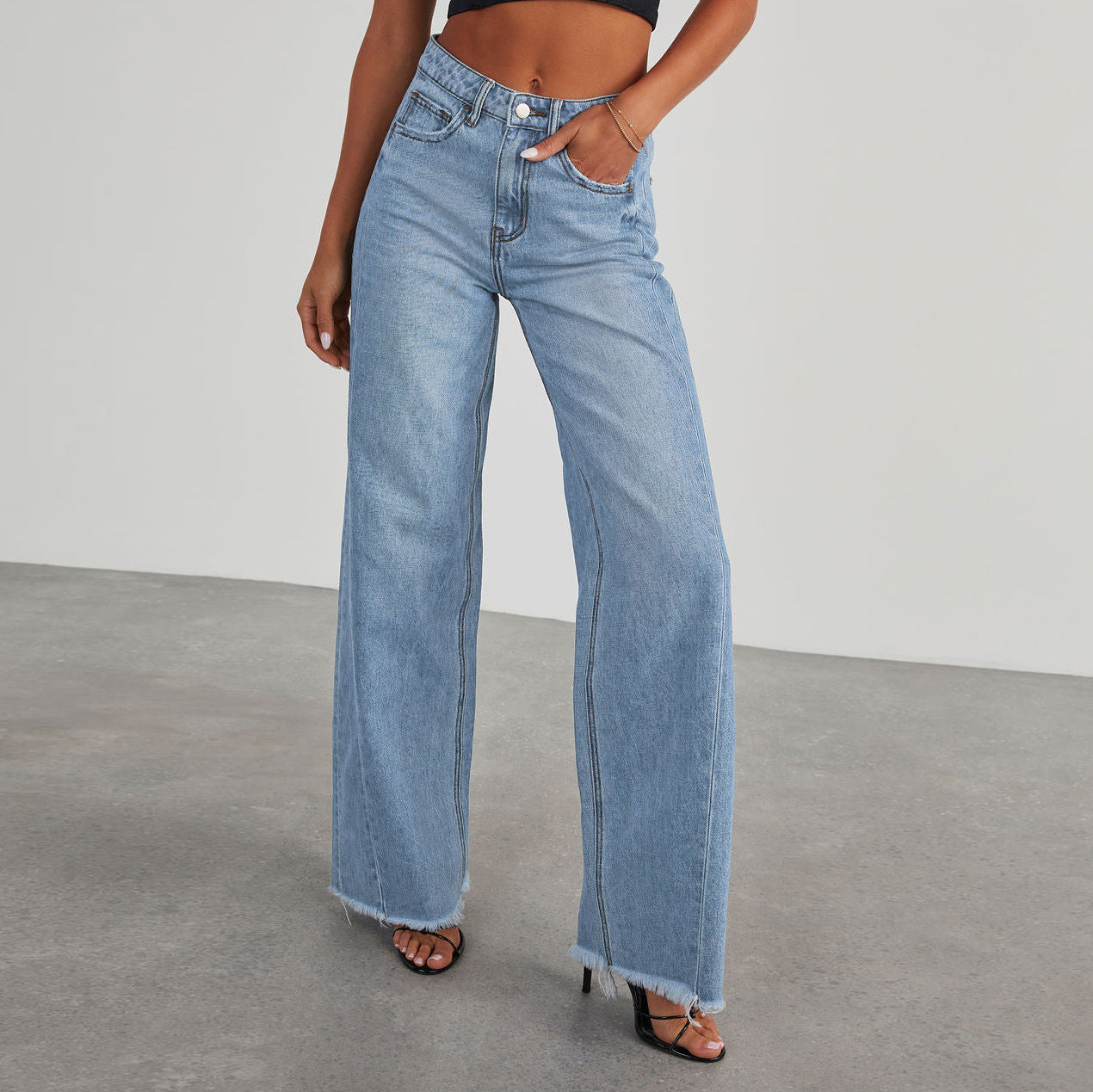 Fashion High Waist Jeans With Pockets Comfortable Slim Fit Straight Wide-leg Pants Womens Clothing - cas7m