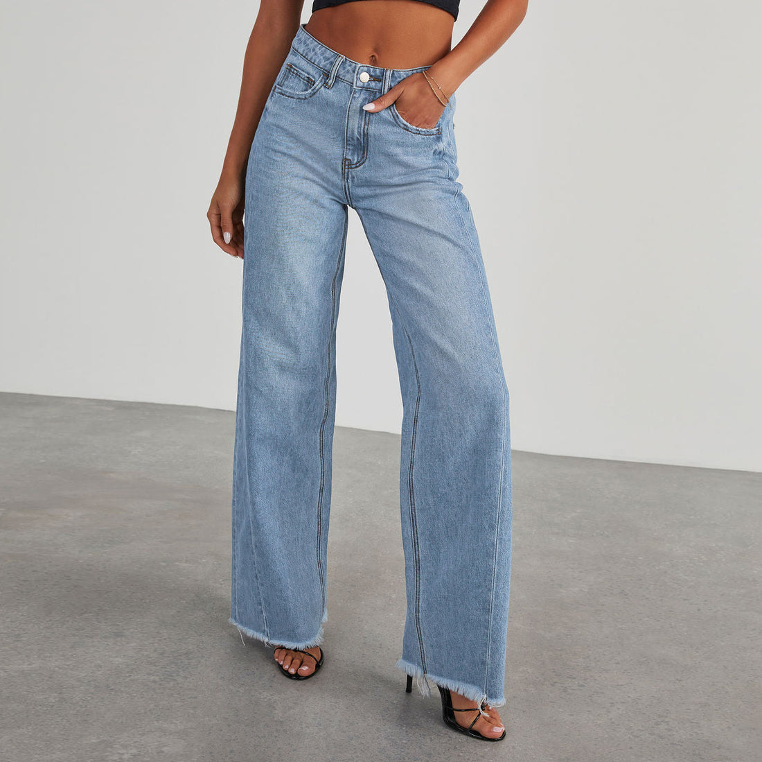 Fashion High Waist Jeans With Pockets Comfortable Slim Fit Straight Wide-leg Pants Womens Clothing - cas7m