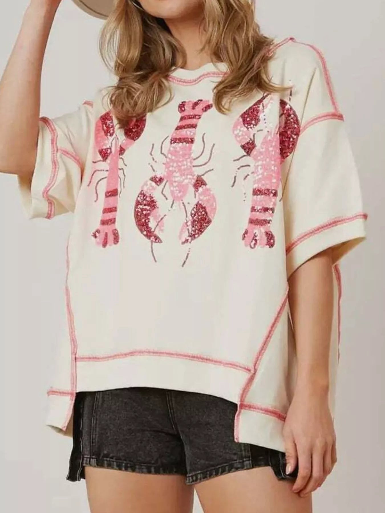 Sequin Lobster Half Sleeve T-Shirt - cas7m