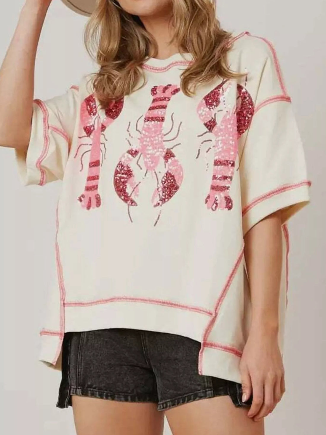 Sequin Lobster Half Sleeve T-Shirt - cas7m