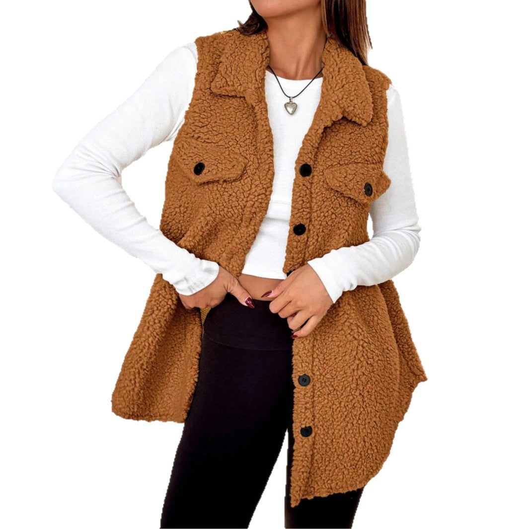 Lapels Open Button Plush Vest Cardigan - cas7m