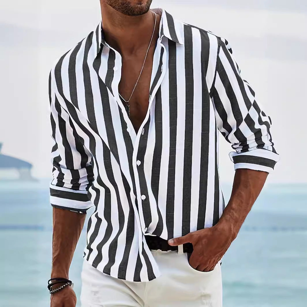 Striped Print Shirt Casual Loose Long-sleeved Shirt Men's Clothing - cas7m