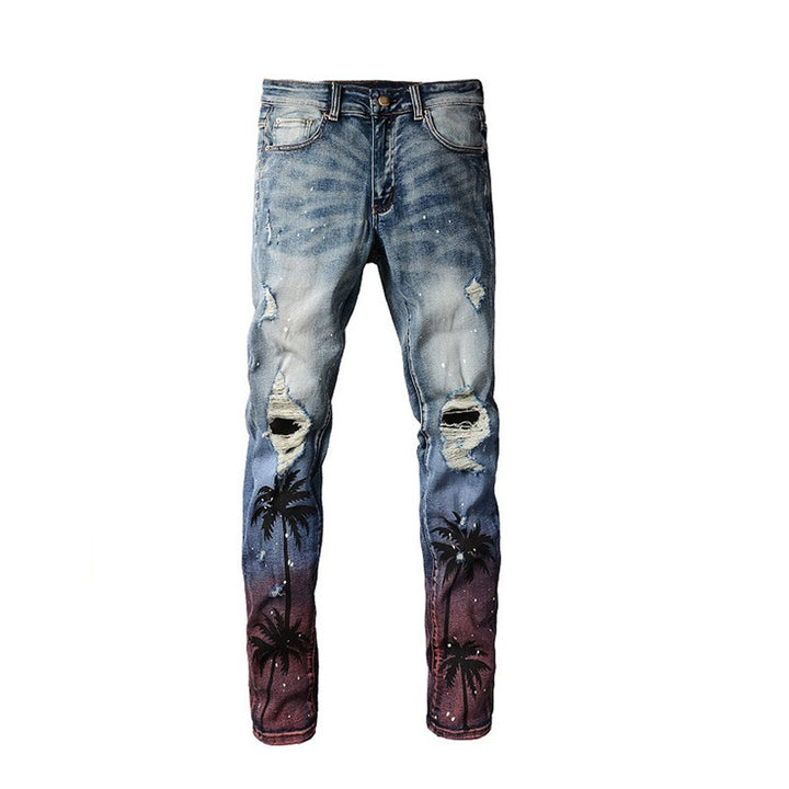 Men's Paint-splashing Style Graffiti Ripped Jeans - cas7m