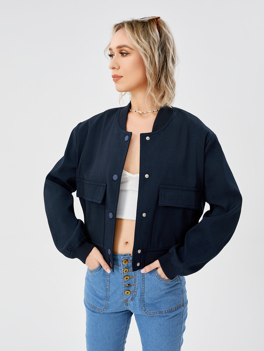 Women's Lightweight Cropped Bomber Jacket Casual Long Sleeve Varsity Jacket With Pocket Fashion Y2k Jacket Streetwear - cas7m