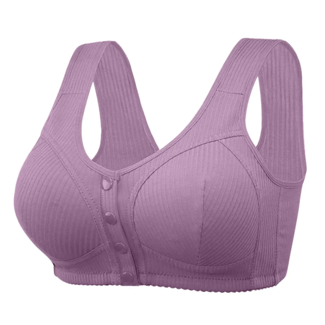 A lavender ribbed wireless bra with wide shoulder straps and a front snap button closure, shown against a plain white background.