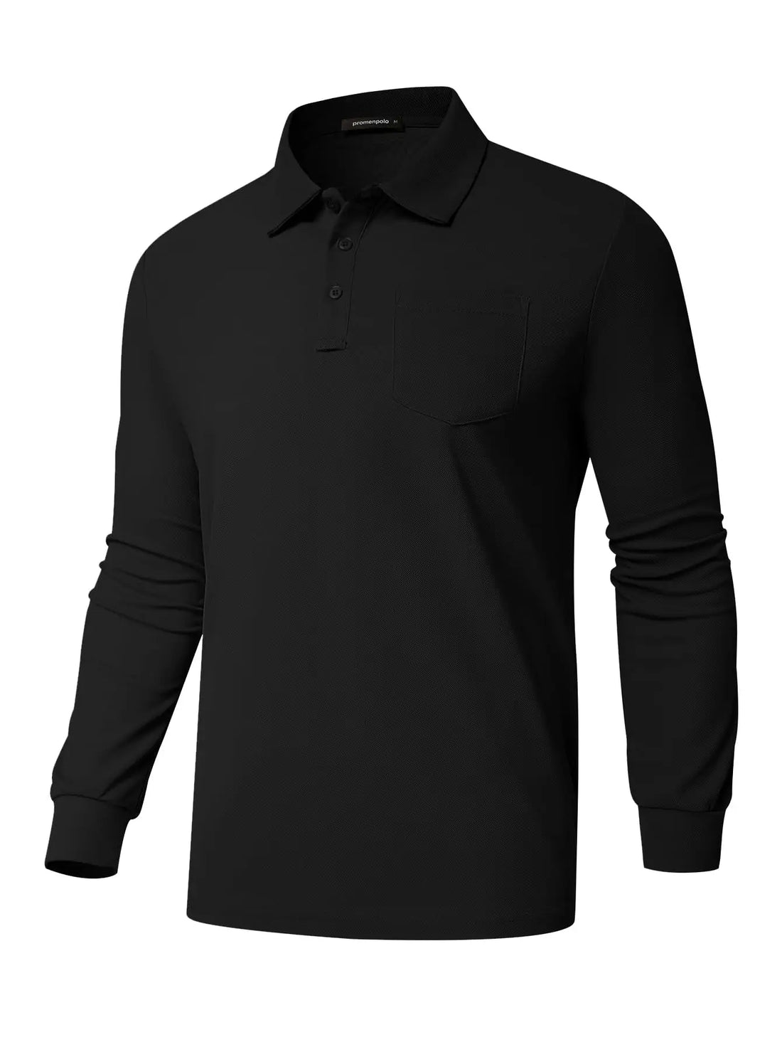 A black long-sleeve polo shirt with a collar, three-button placket, and a left chest pocket, shown on a plain white background.