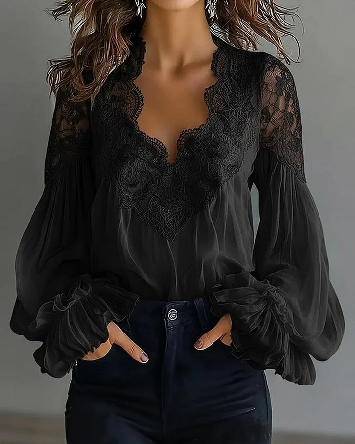 Ins Puff-sleeved Blouse Fashion Elegant Ruffle Pleated Long-sleeved Top Womens Clothing - cas7m