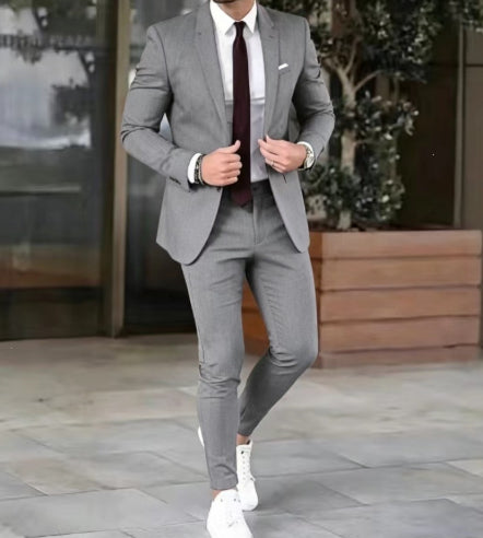 Two-piece Solid Color Slim-fit Coat Suit Pants - cas7m