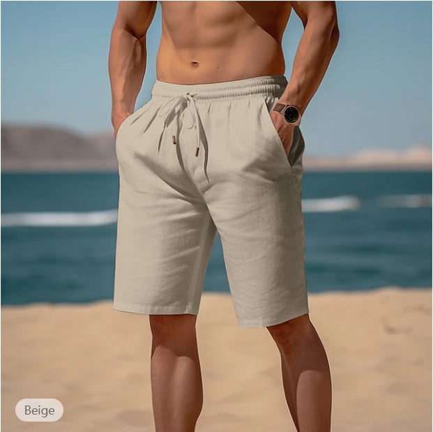 Summer Drawstring Shorts Elastic Waist Straight Pants Beach Breathable Shorts For Men Clothing - cas7m