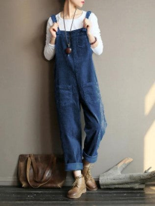 Women's Corduroy Solid Color Casual Bib Pants - cas7m