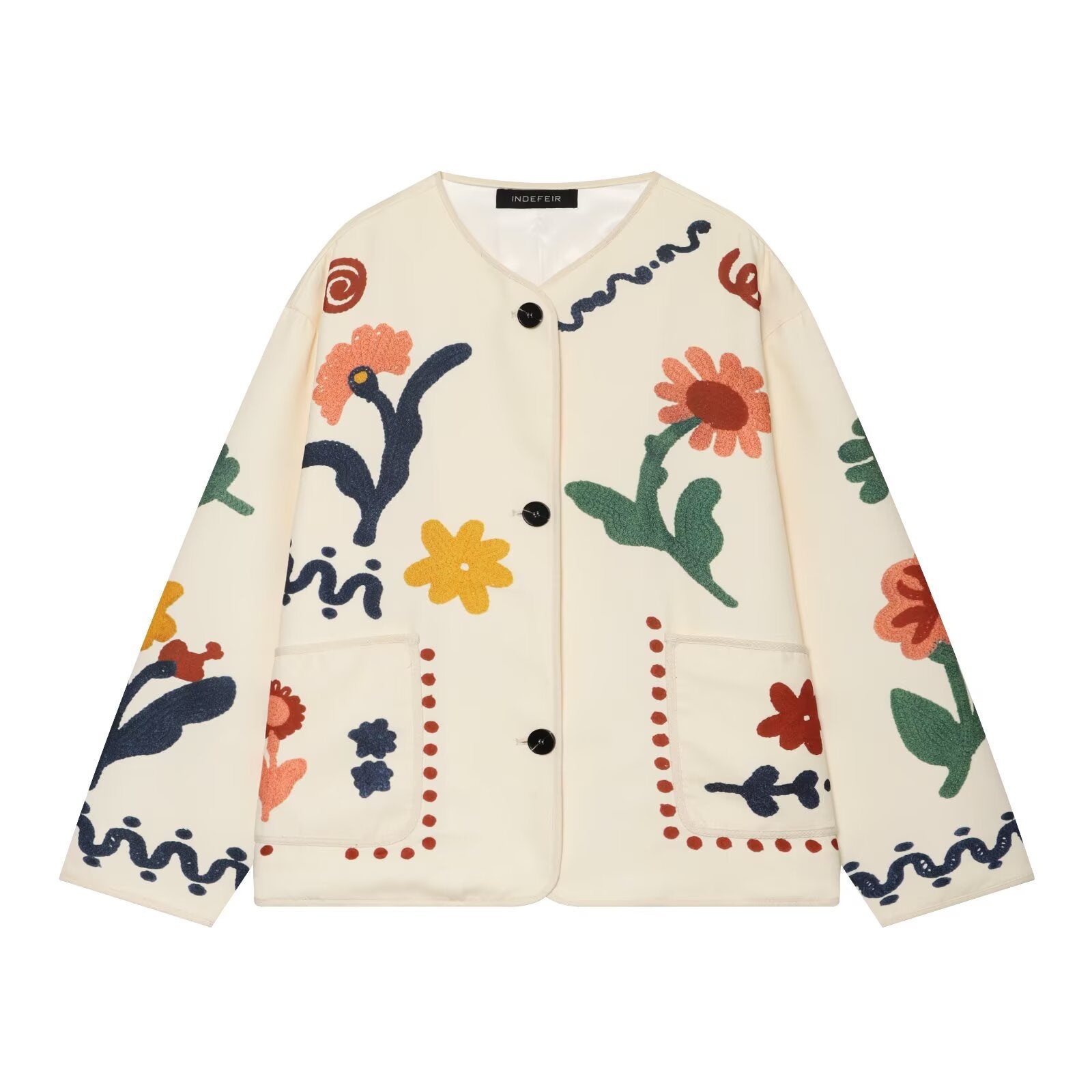 Retro loose floral embroidered round neck jacket