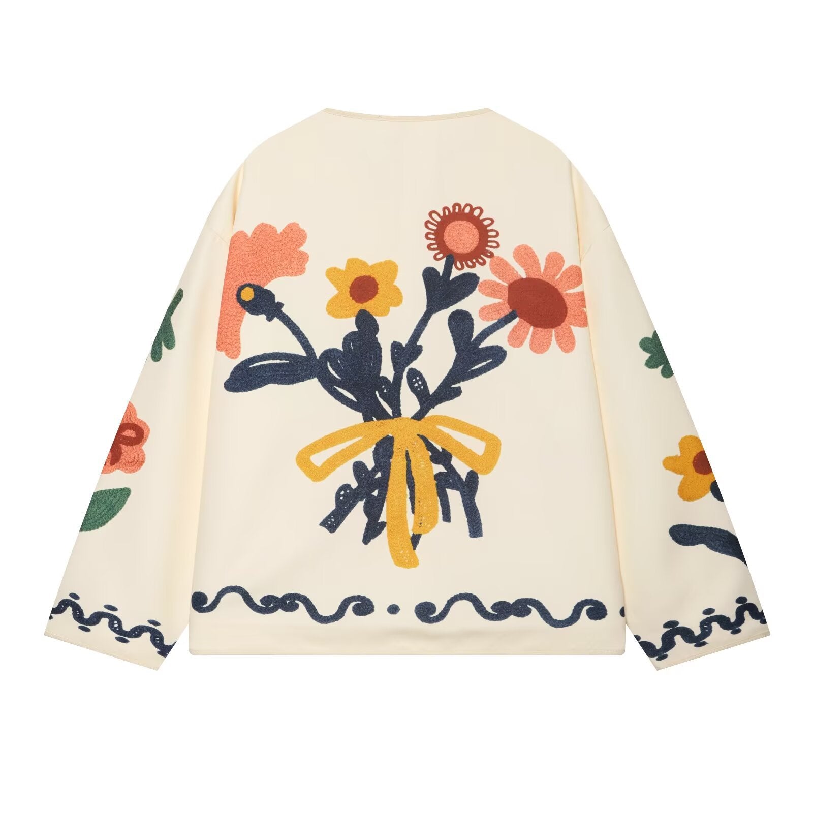 Retro loose floral embroidered round neck jacket