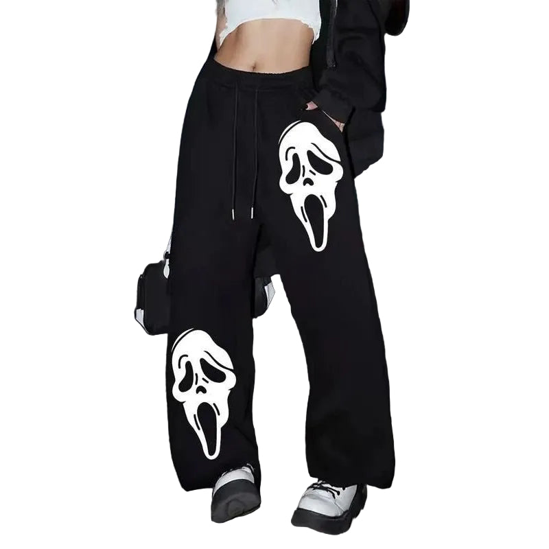 Dark Gothic Skull Print Loose Wide Leg Drawstring Sweatpants