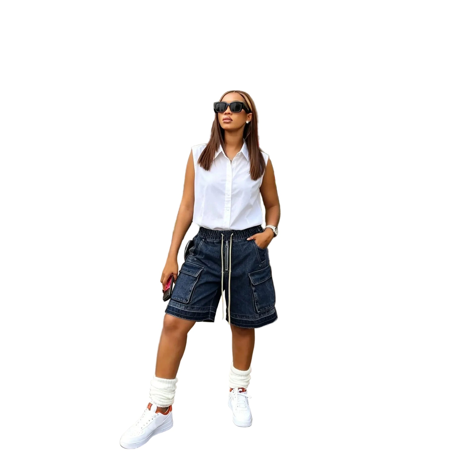 Washed Tie-Up Distressed Frayed Denim Shorts with Belt Loops