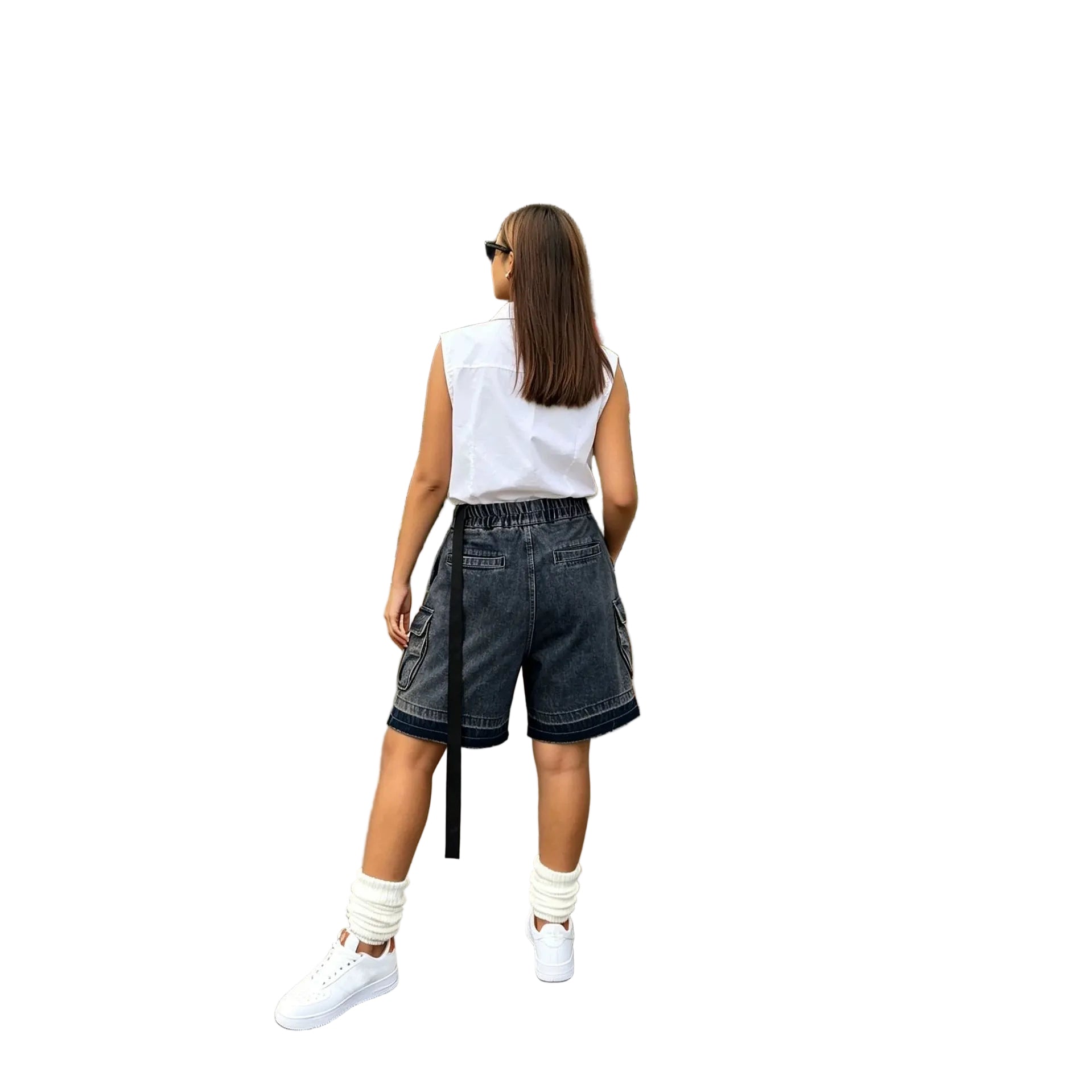 Washed Tie-Up Distressed Frayed Denim Shorts with Belt Loops