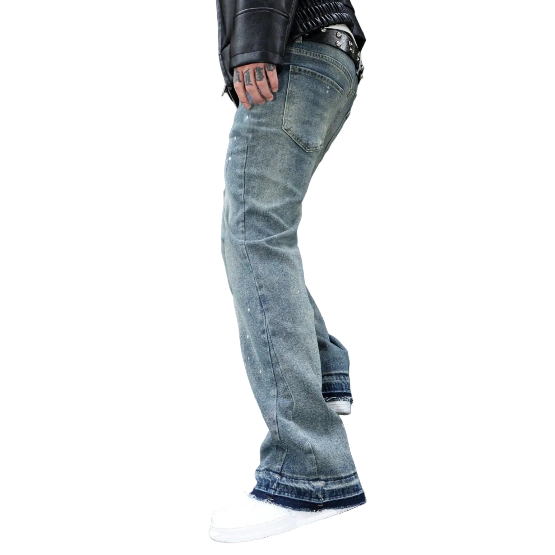 Retro Summer Washed Denim Pants for Men with Distressed Splatter Design, Fashionable Casual Trousers