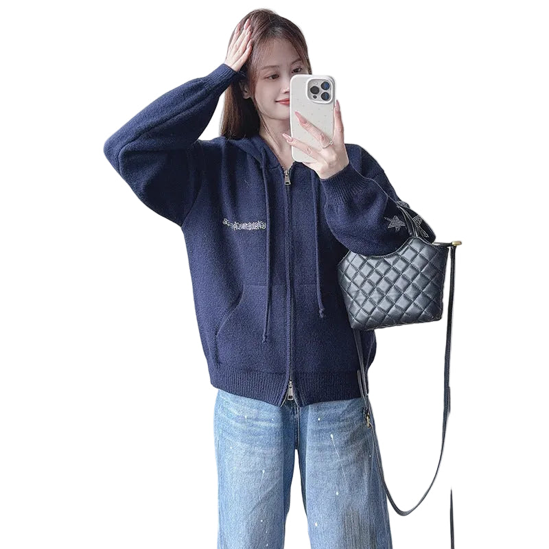 Hooded zipper long sleeved sweater