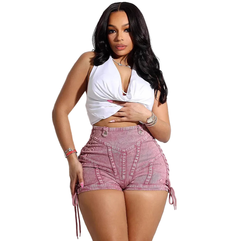 Women'sDenim Shorts Street Fashion Fitted Drawstring Tie High Waist Jeans