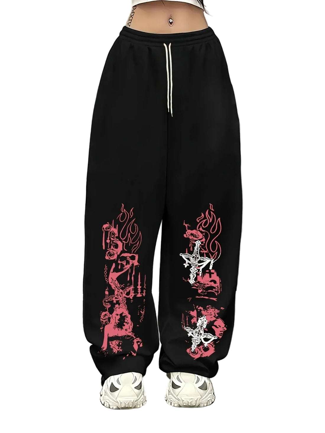 Black wide-leg sweatpants with pink and white graphic prints on the lower legs, featuring a white drawstring waist, modeled with white sneakers.