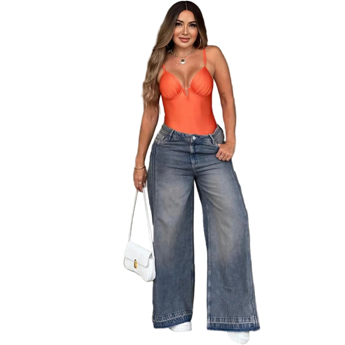 Women's High-Waisted Wide-Leg Jeans with Side Stripes Straight Leg Long Pants Summer New Style
