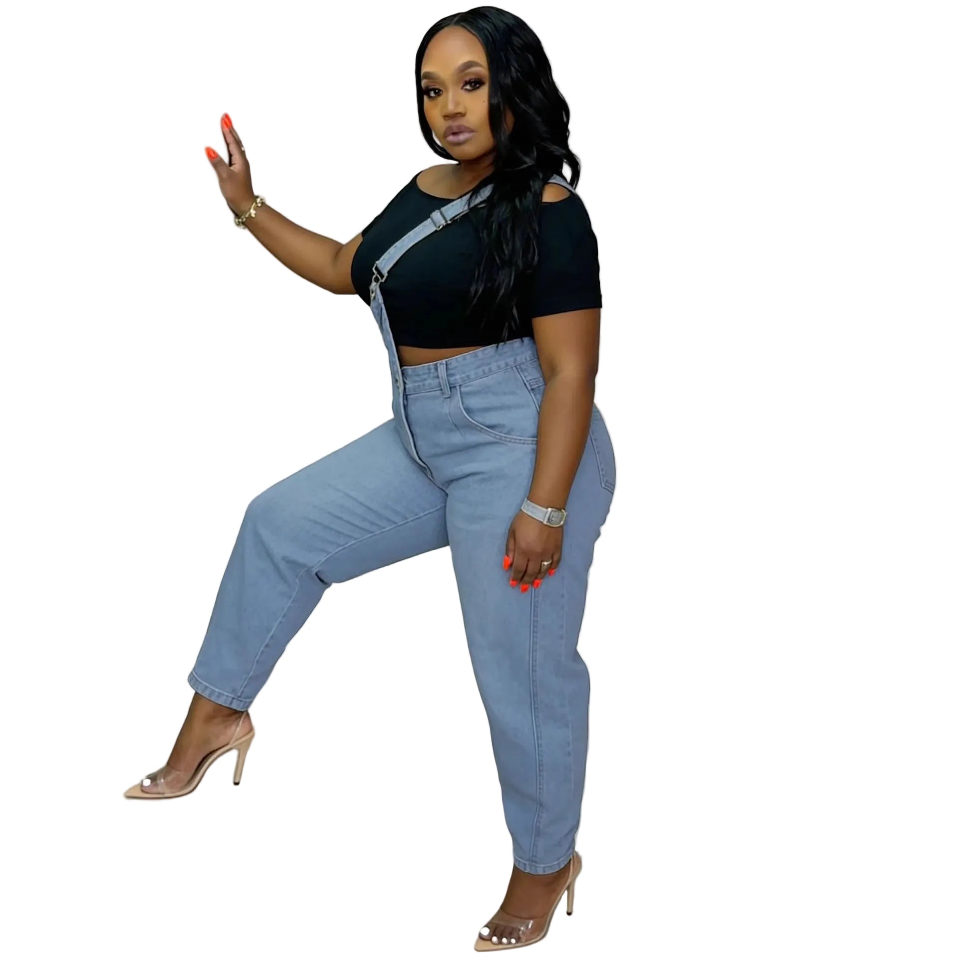 Single Shoulder Strap Washed Straight Leg Jeans Pants