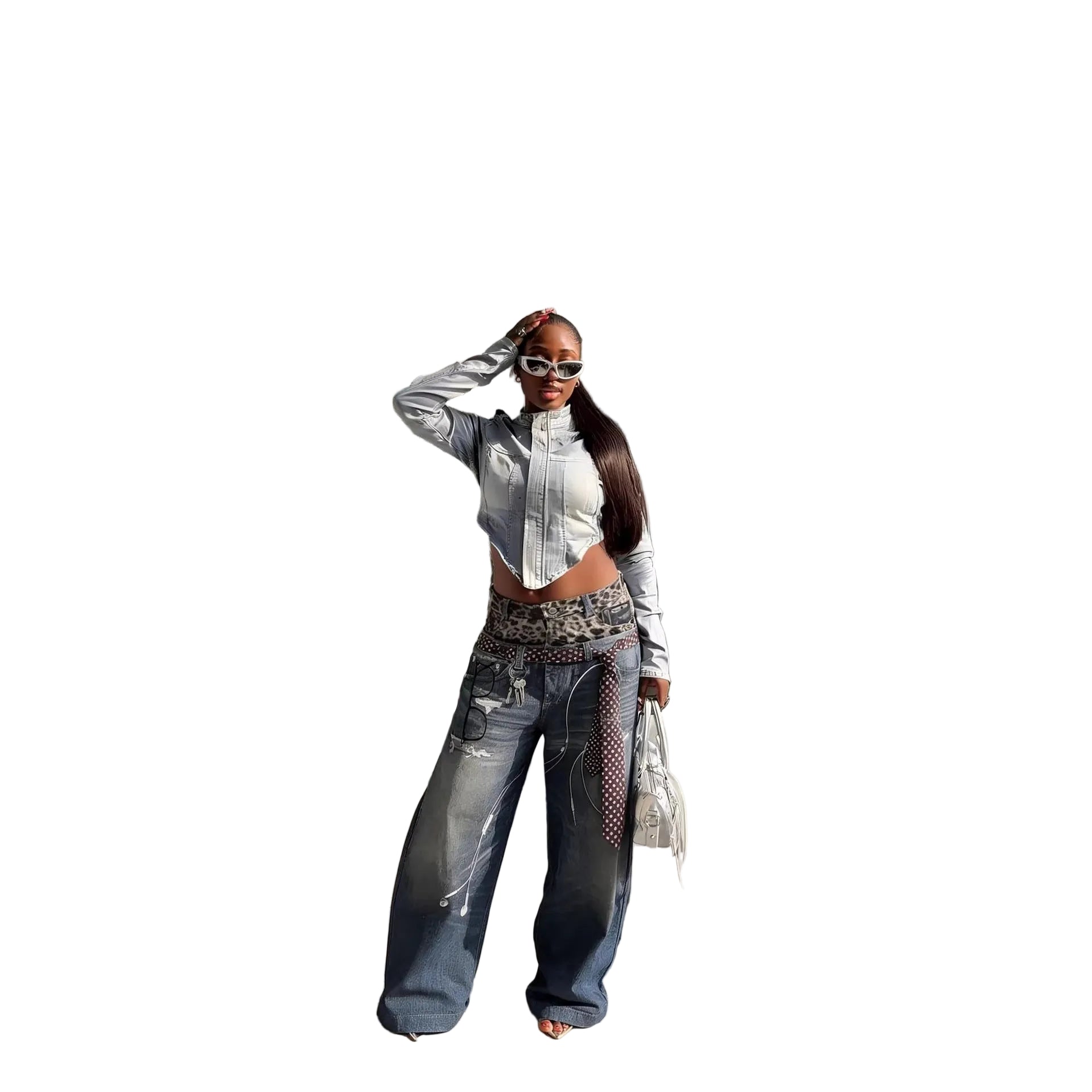 Street Style Fun Leopard Print 3D Printed Denim Pants with Double Waistband