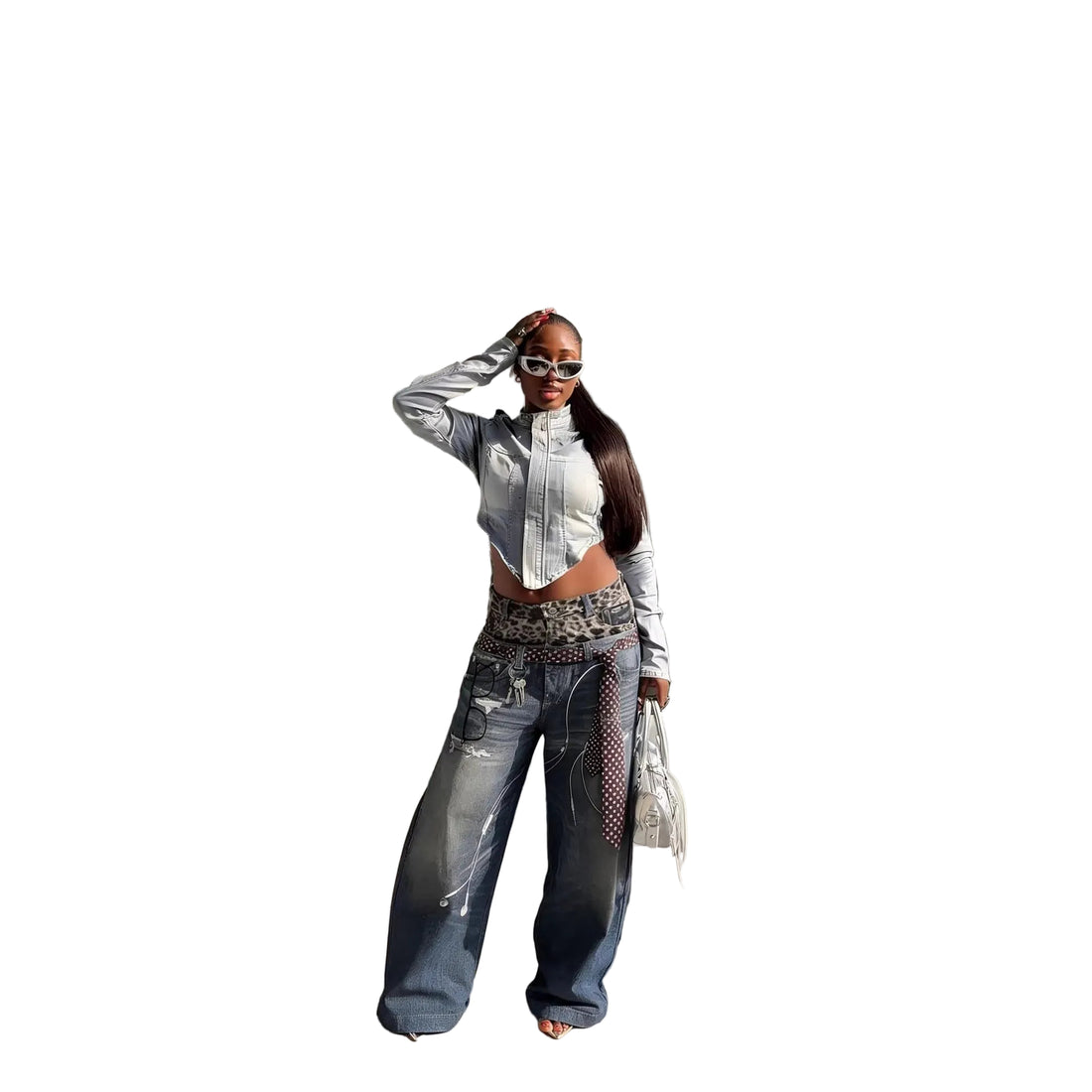 Street Style Fun Leopard Print 3D Printed Denim Pants with Double Waistband