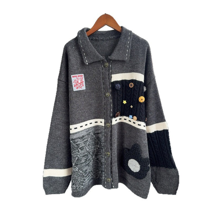 Color blocking jacquard loose collar sweater