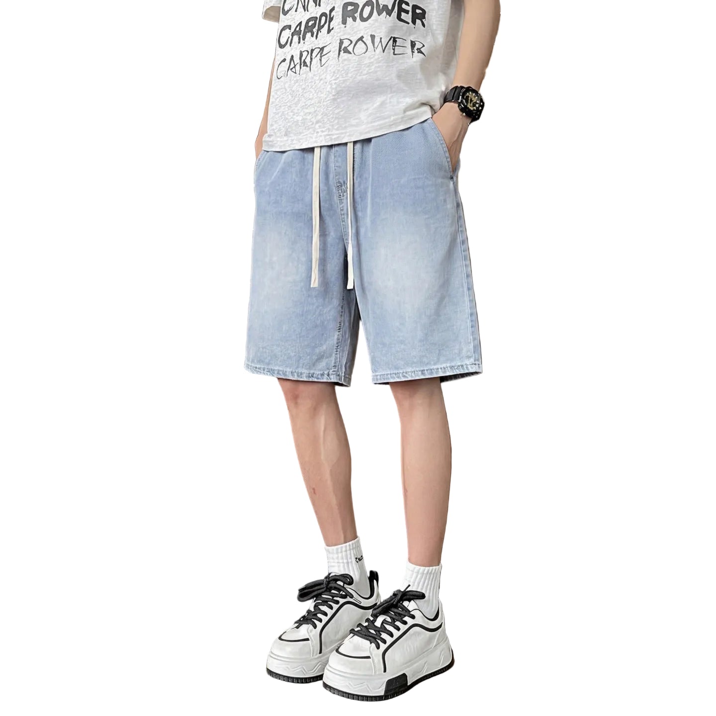 Ice Silk Denim Shorts Men's Five-Quarter Pants