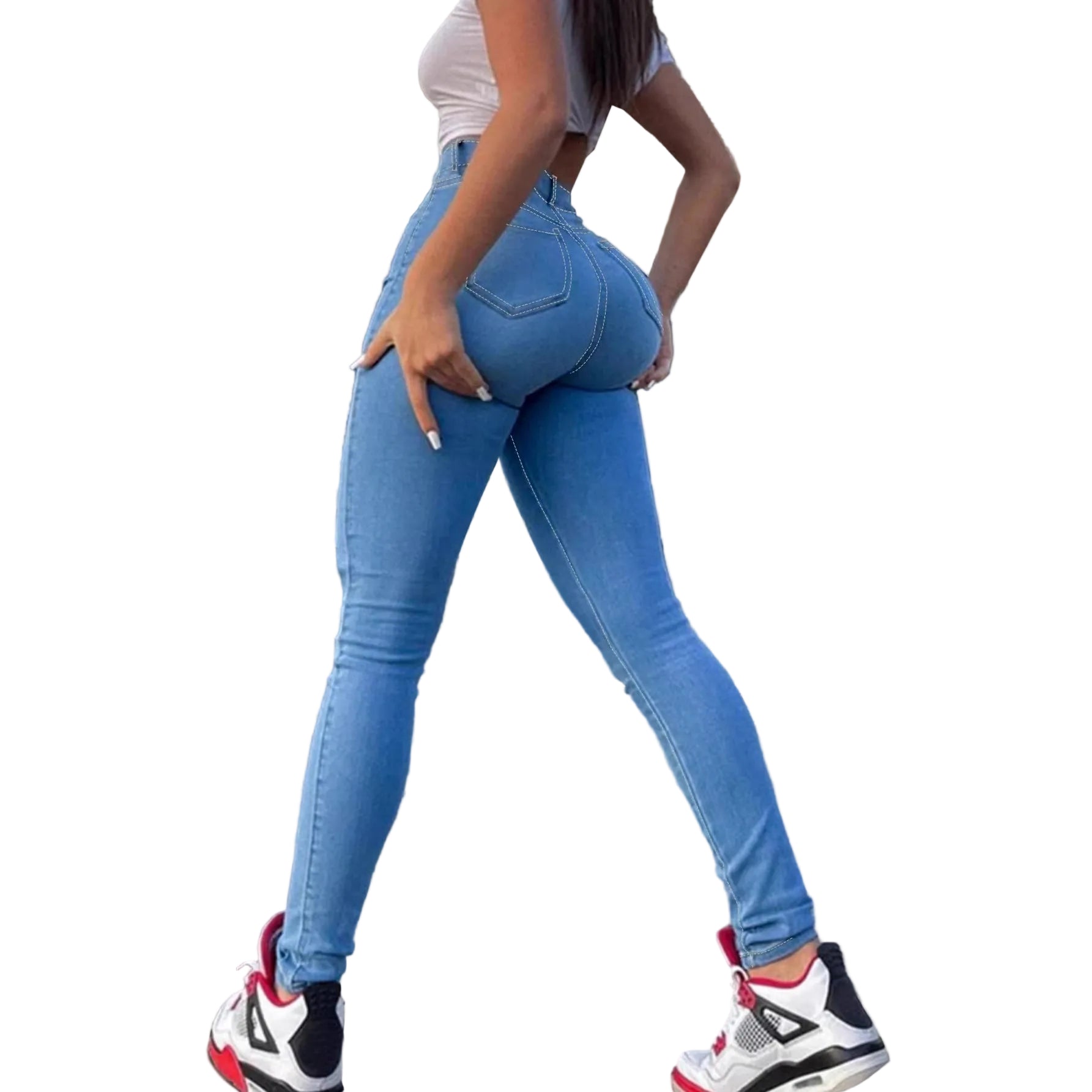 Light Blue Denim Skinny Pants Elastic Pencil Pants Casual Fashion Stretch Bottoms