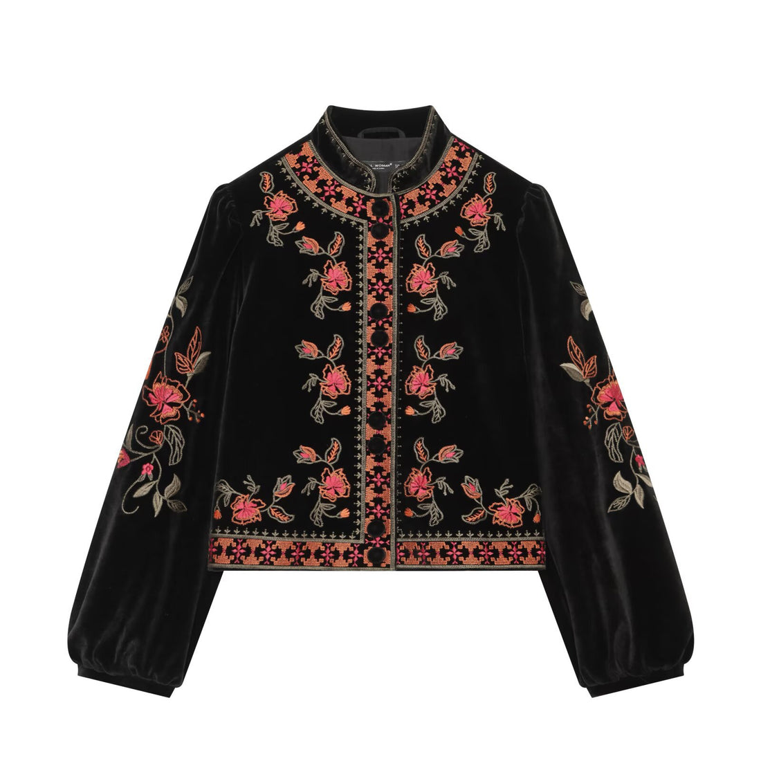 Casual style long sleeved stand up collar embroidered jacket