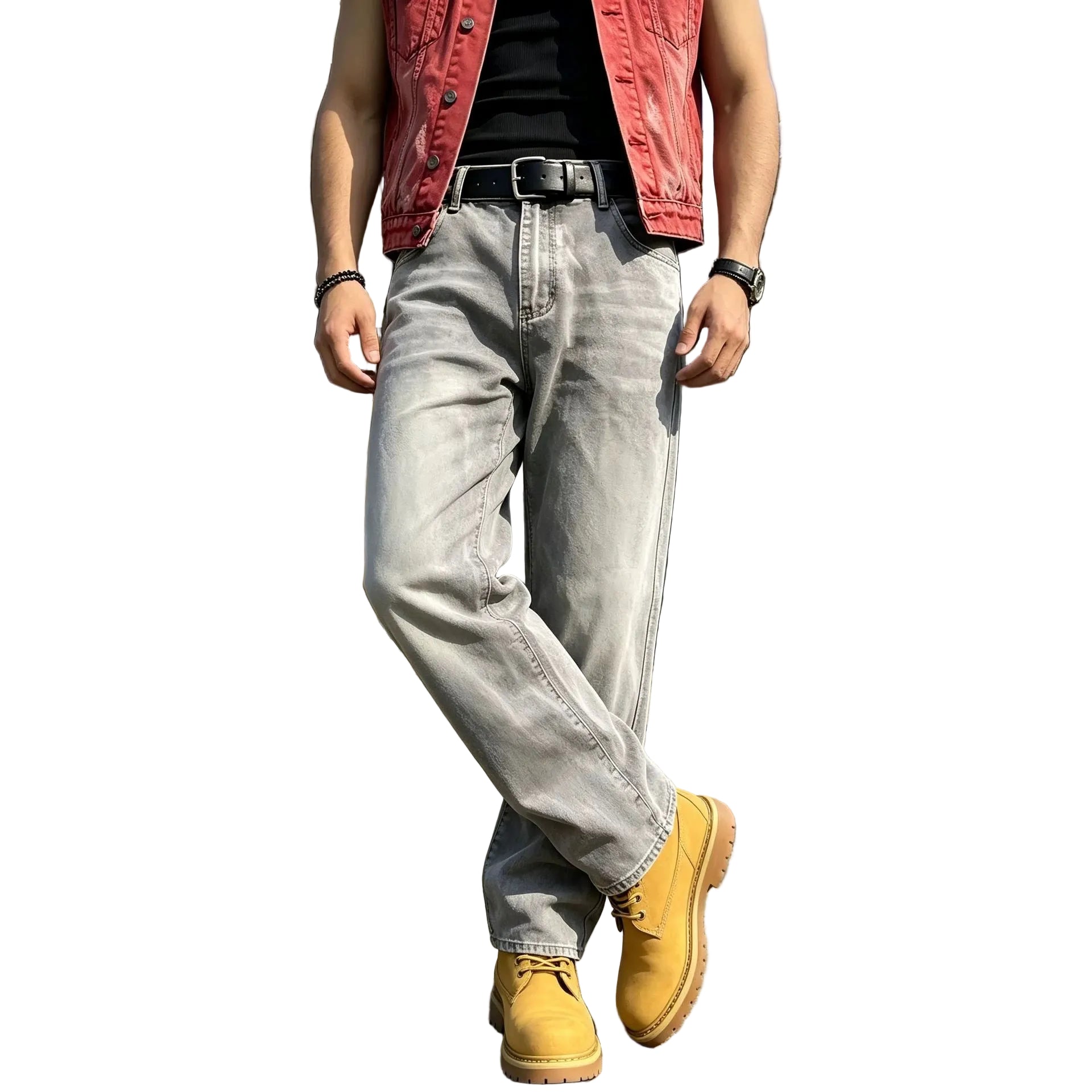 Casual Gray Men's Jeans for Daily Wear, Comfortable Commuting, Fashion Distressed Washed Denim Pants