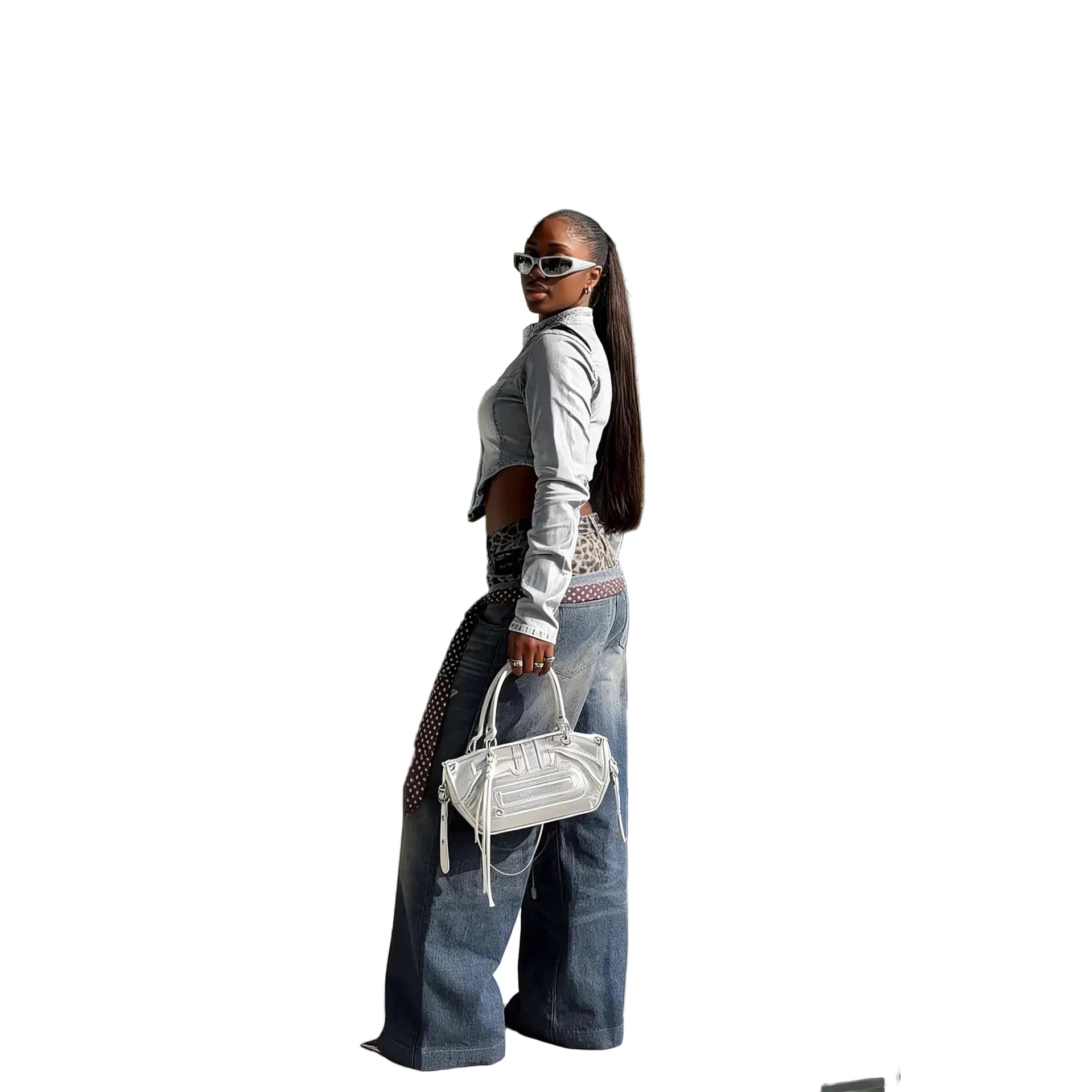 Street Style Fun Leopard Print 3D Printed Denim Pants with Double Waistband