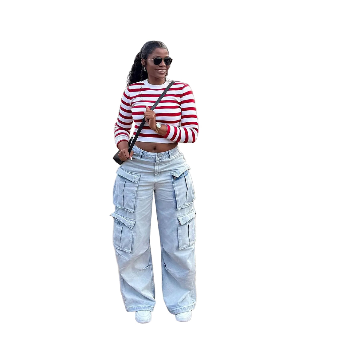 Street Style Multi-Pocket Light Wash Cargo Jeans Pants