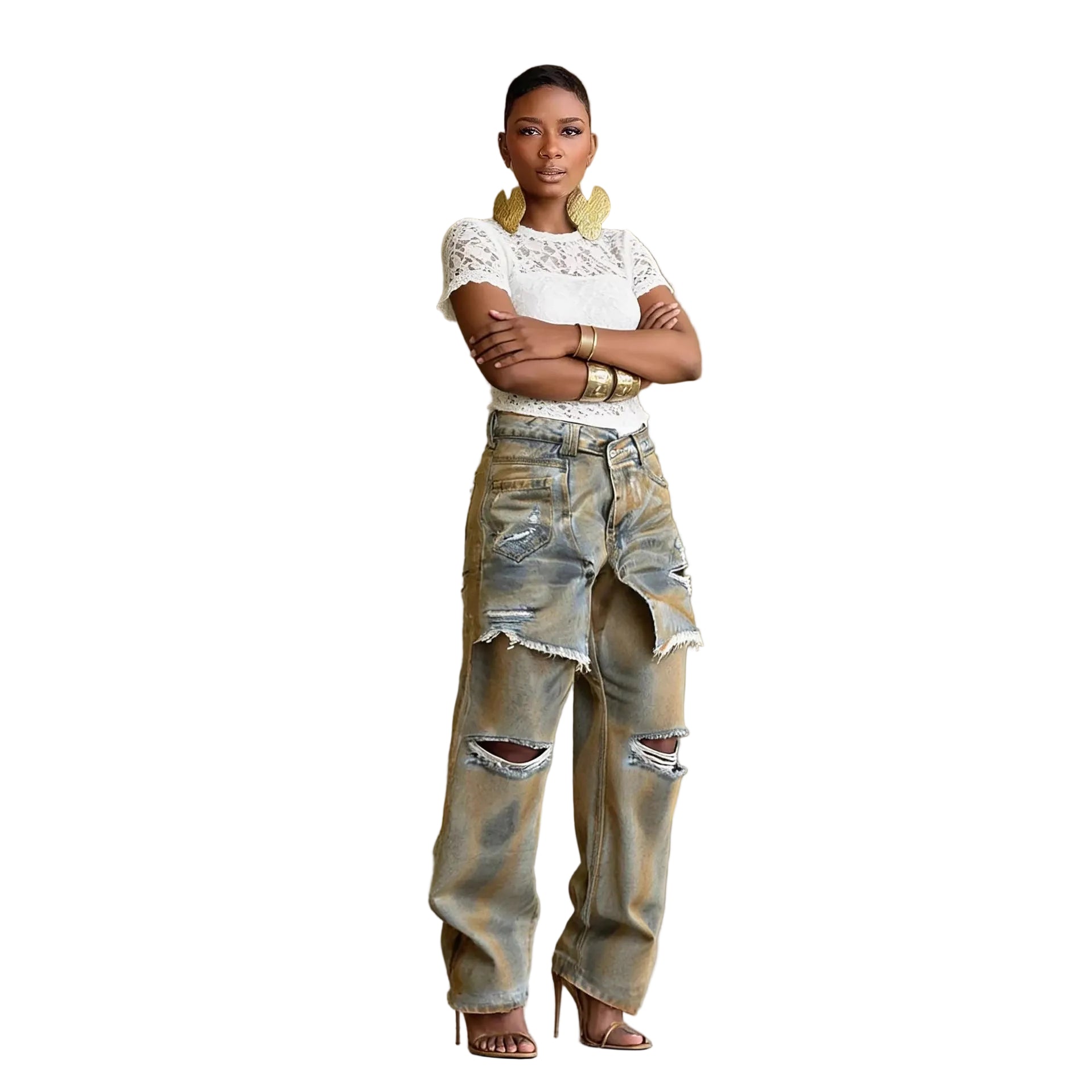 Vintage Distressed Faux Two-Piece Irregular Ripped Raw Edge Denim Pants