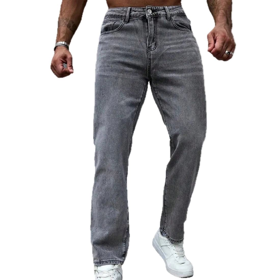 A person wearing gray slim-fit denim jeans with white sneakers, shown from the waist down against a plain white background.