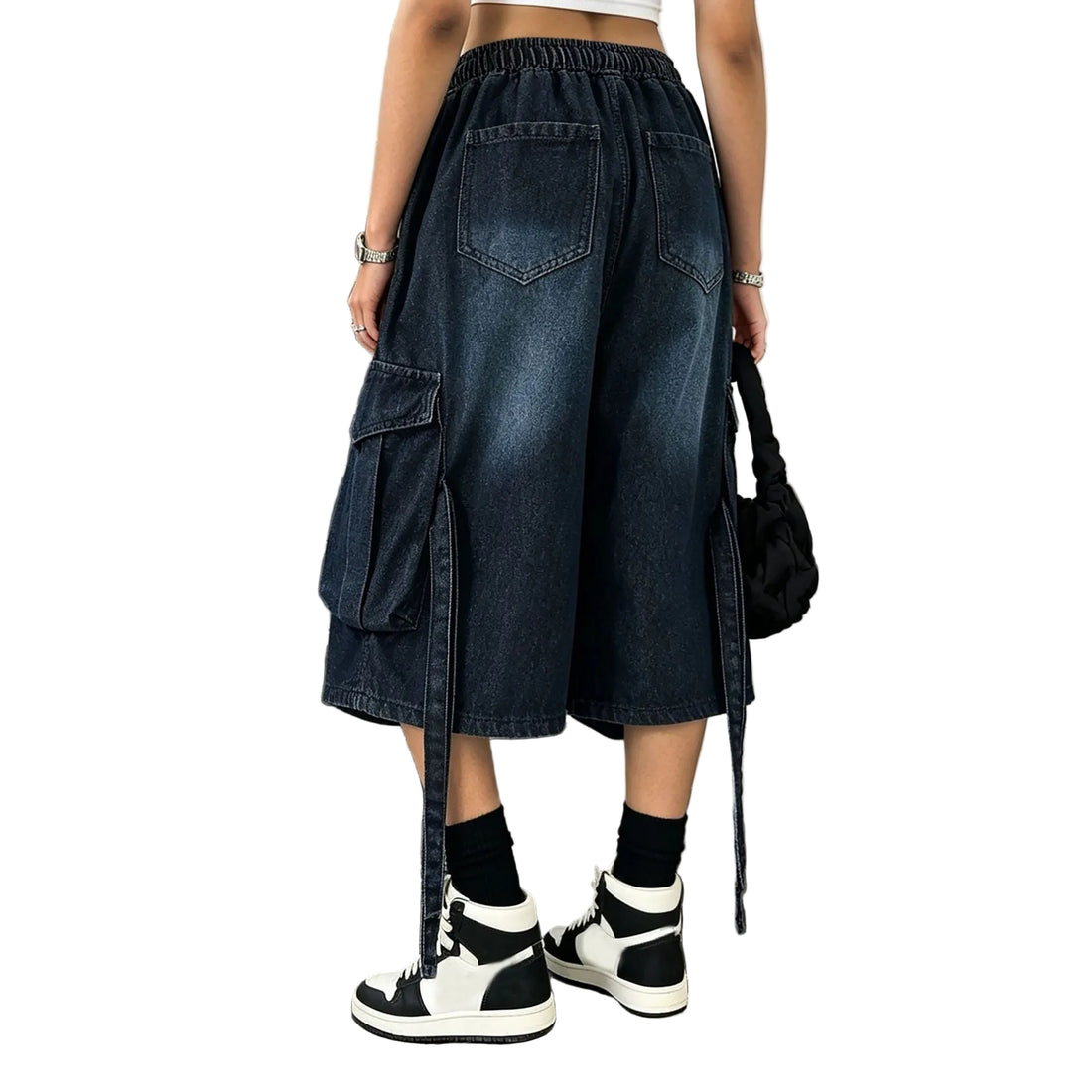 Workwear Denim Pants with Washed Finish Elastic Drawstring Waist Casual Style Bottoms