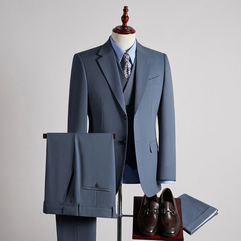 A men's three-piece suit in a muted slate blue color, displayed on a mannequin with a matching vest and trousers folded over. The suit is styled with a light blue dress shirt, a patterned tie, and dark brown leather dress shoes.