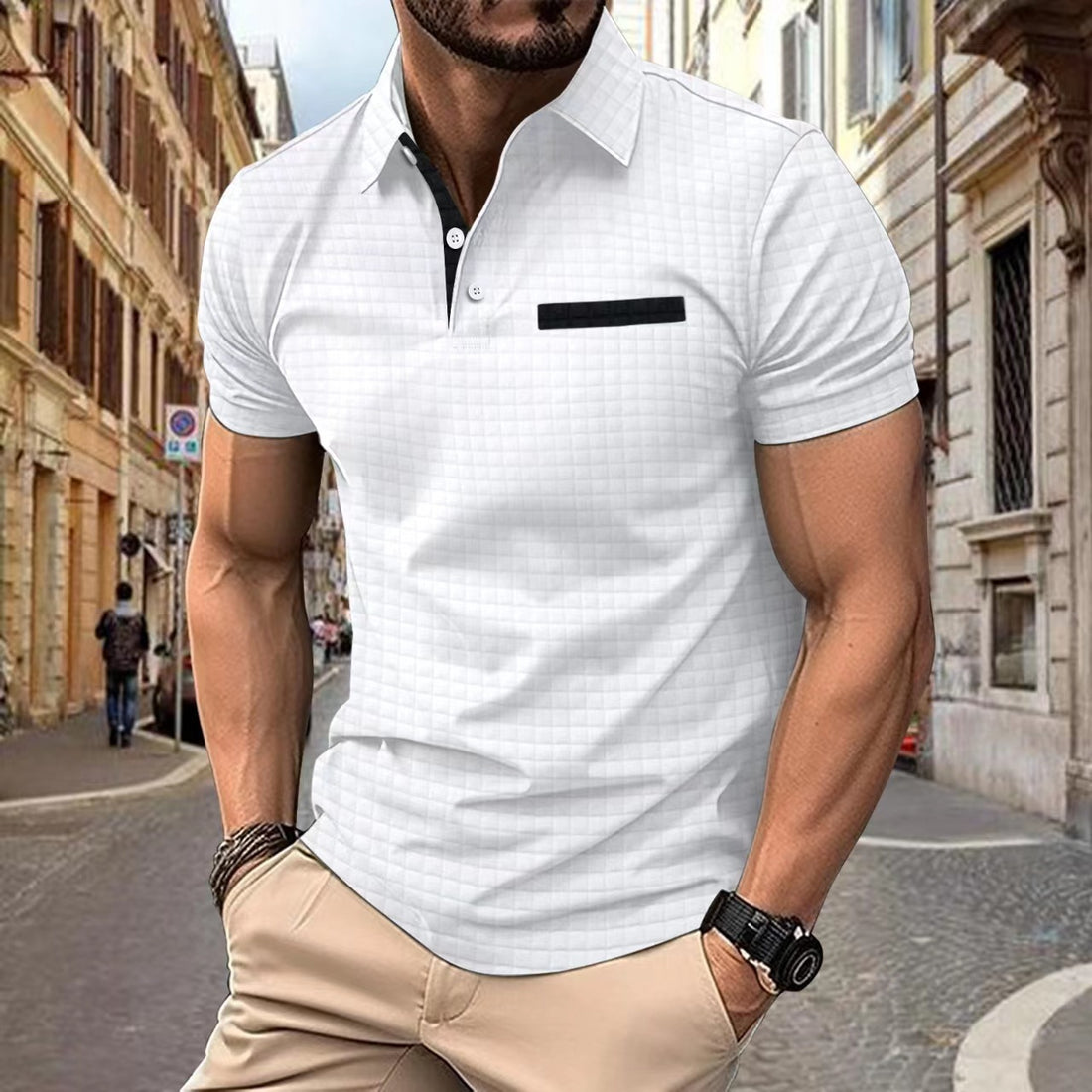 Button Jacquard Plaid Men's Sports Polo Shirt Men - cas7m