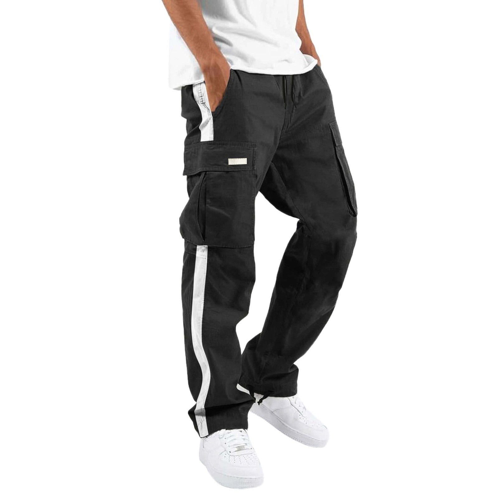 Men's Fashion Casual Drawstring Drawstring Pocket Color Blocking Pants - cas7m