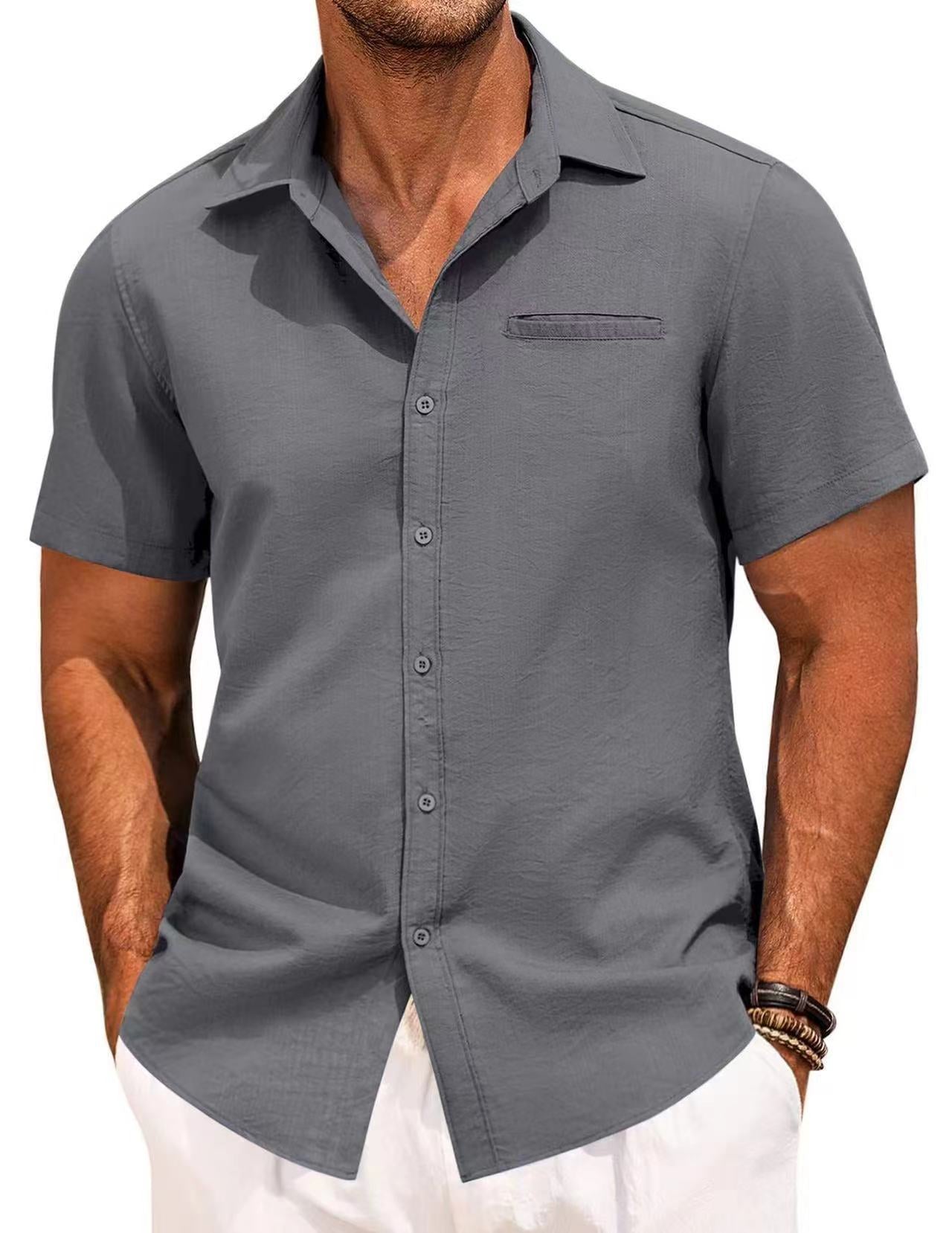 Polo Collar Solid Color Short Sleeve Button Shirt - cas7m